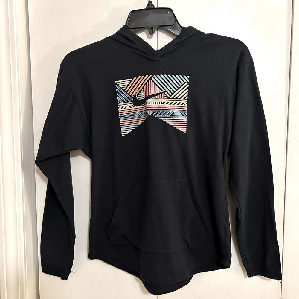 Nike girls L dark blue long sleeve pullover tshirt  with front pocket and hood